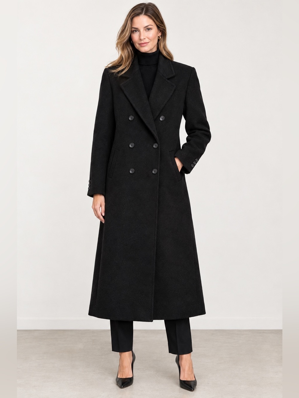 Black Double-Breasted Long Wool Trench Coat